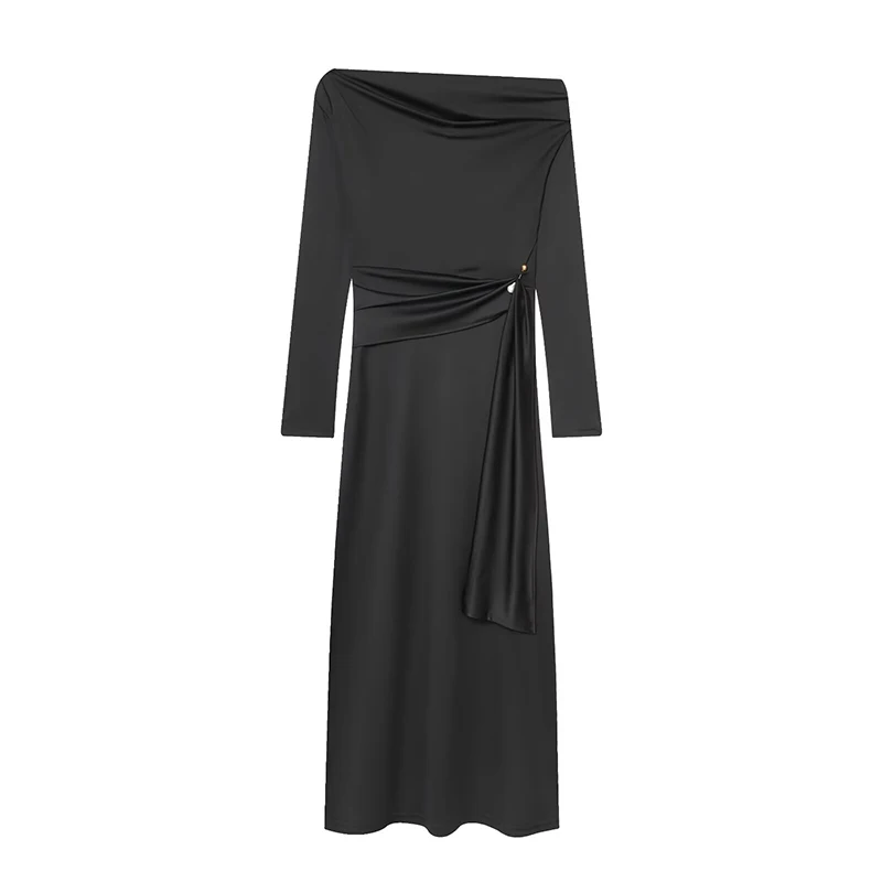 Chic Elegant Off Shoulder Long Dress Woman 2025 New Fashion Snap Button Ruched Midi Dresses For Women Slim Party Dresses ﻿