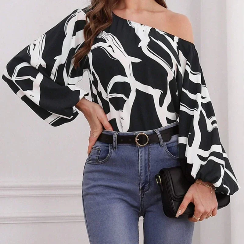 

Пикантные топы с воротником-лодочкой, осень 2023, новая модная блузка с принтом, Повседневная Свободная рубашка с длинным рукавом-фонариком, женская одежда, блузы 29696