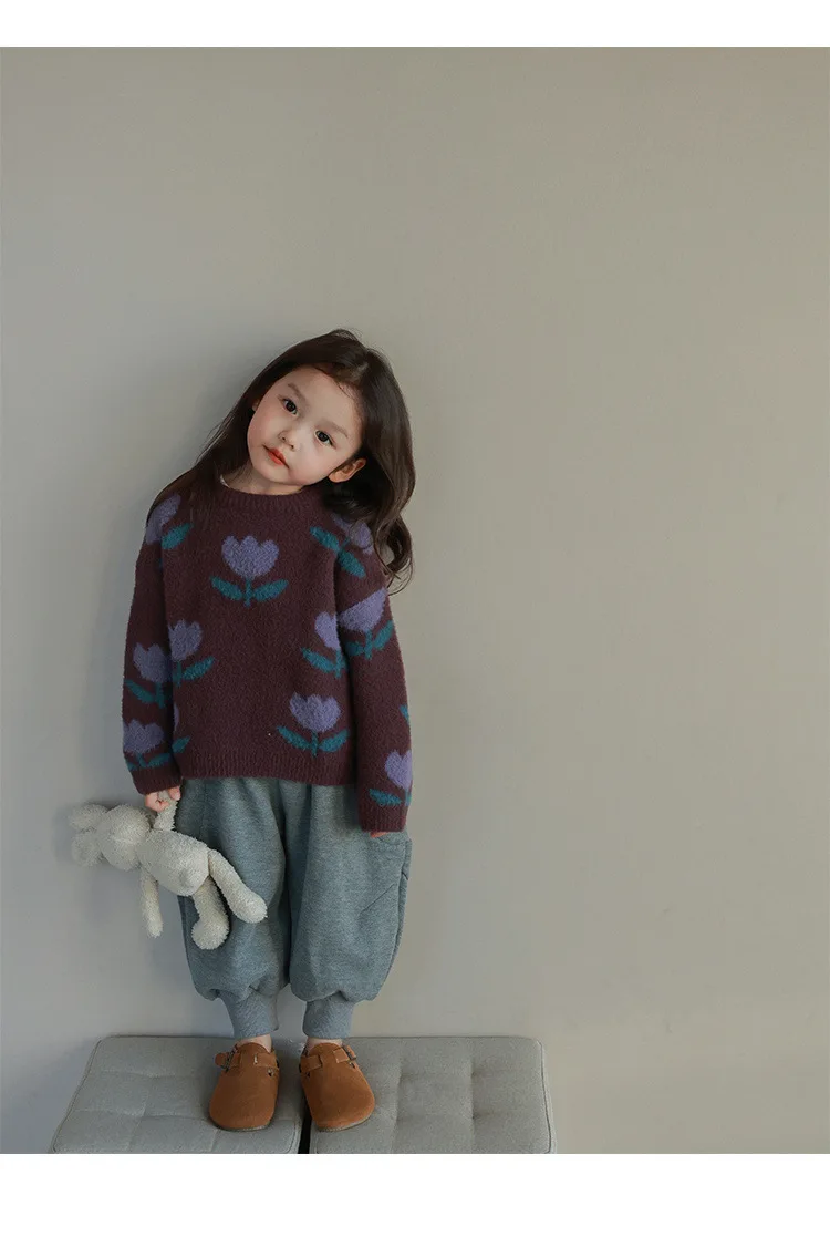 소녀 튤립 꽃 풀오버 스웨터, 한국 여성 보물 패션, 서양식 패션 코트, 가을 및 겨울 신상 2024