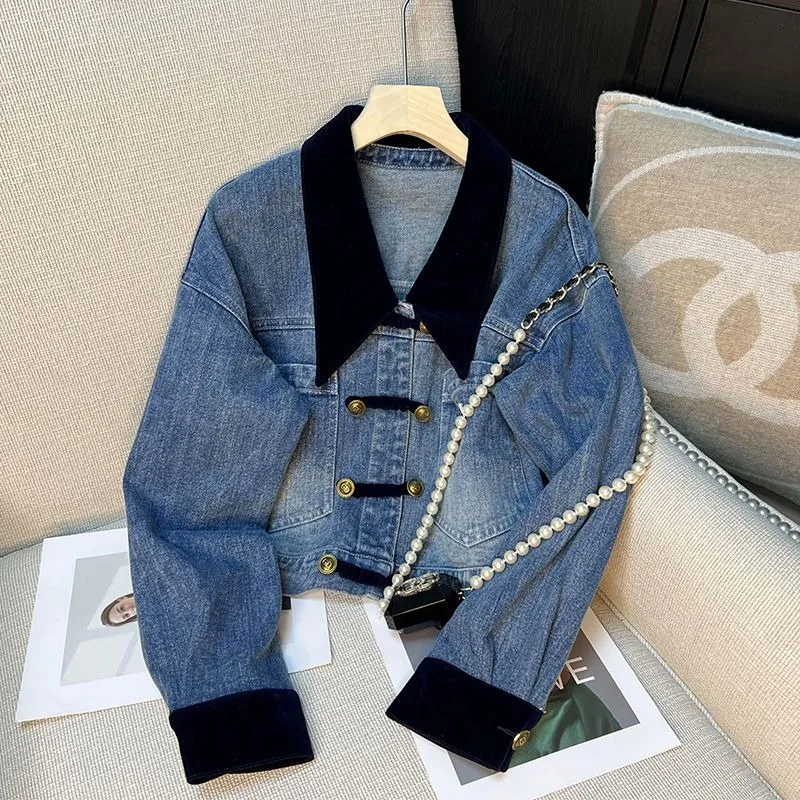 

Spring and Autumn Retro Women's Denim Jacket 2023 Loose Collar Button Long Sleeve Jacket Korean Fashion Montage Short Top