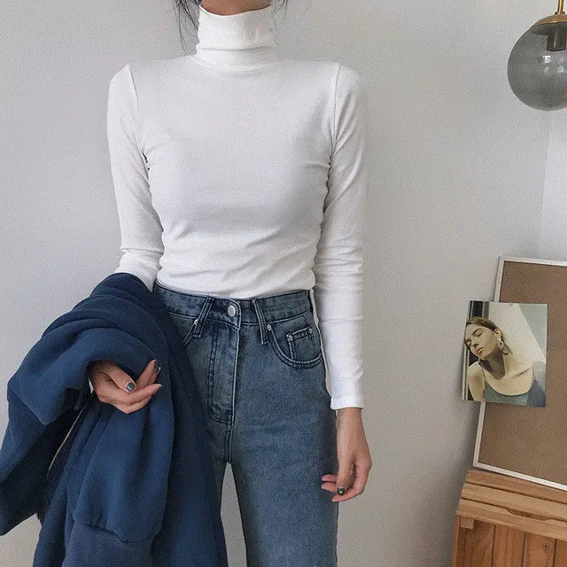 Spring Long Sleeve Turtleneck Tops Slim Knitted Bottoming T Shirt Korean Fashion Sweater Harajuku Pullover Women Clothing Jumper White