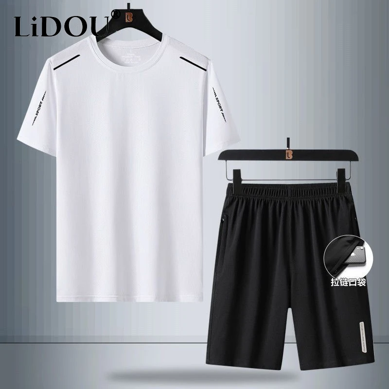 Summer Motion Men's Sets Round Neck Short Sleeve Breathable Quick Drying T-Shirts + Elastic Waist Pockets Ice Silk Fabric Shorts 2pcs set o neck short sleeve elastic waistband drawstring pockets outfit mountain print loose t shirt loose shorts sport suit