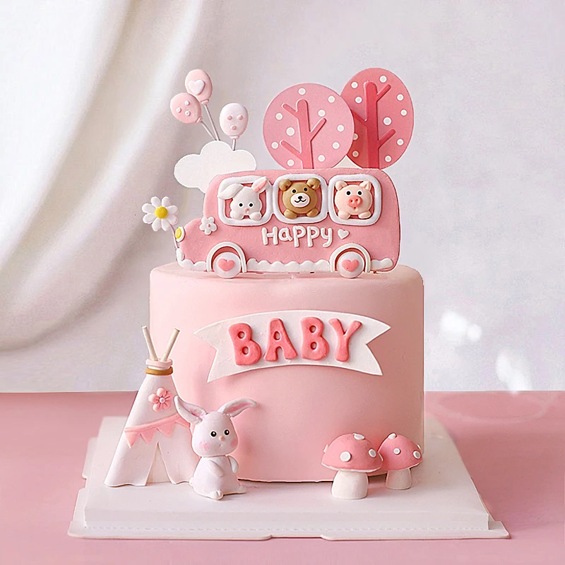 Happy Farm-Toppers de gâteau d'arbre de vache rose, fournitures de joyeux  anniversaire, beaux cadeaux, fête de la journée de l'enfant, fête de bébé