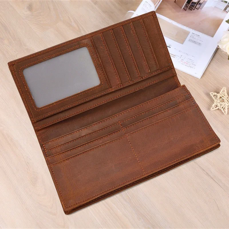 Fashionable Crazy Horse Leather Men's Long Wallet with Multifunctional Card Slots and Zipper Pocket