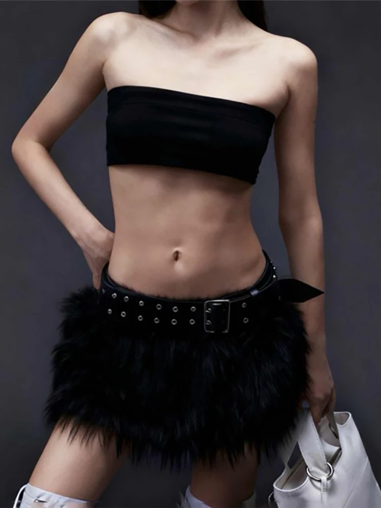 Nibber Winter Furry Tassel Skirt Women Sexy Hottie Trend Metal Buckle Belt Wild Hottie Street Skinny Club Hipster Mini Bottom