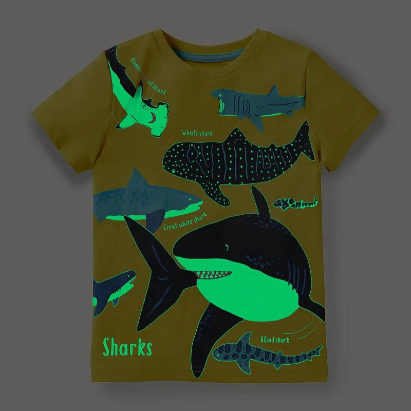 

Boys T Shirt Summer Cotton O Neck Shark Graphics Short Sleeve Vetement Enfant Garcon Koszulki for Kids Glow Clothes Yellow