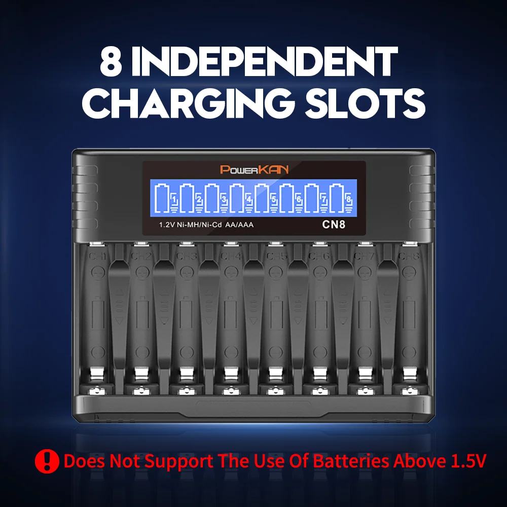 POWERKAN 8베이 독립형 AA/AAA Ni-MH 배터리 충전기, LCD 디스플레이, USB-C 충전(배터리는 포함되어 있지 않음)