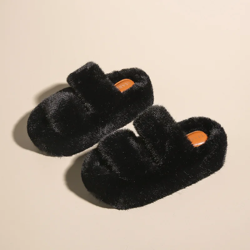

Luxury Winter Shoes Women Fur Slippers 7CM Thick Sole Inside with Velvet Print Wool Drag Fashion Casual Plush Slippers Non-slip
