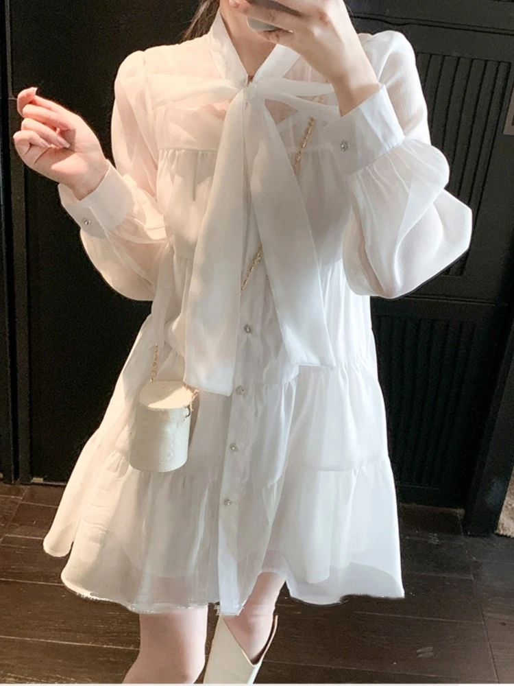 

Sweet Mini Dress Women Lace Up Long Sleeve Single Breasted Cardigan Autumn Spring Solid Birthday Party Dresses Fashion Outfits