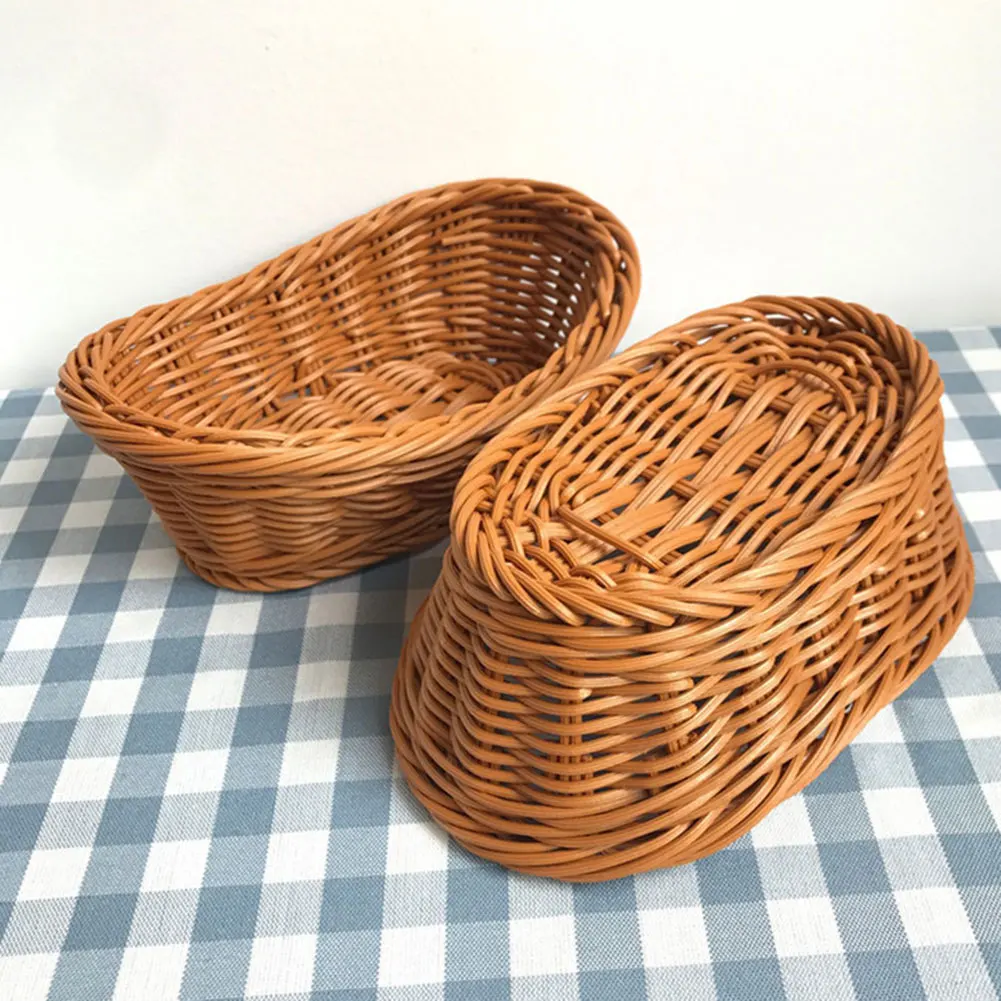 Handwoven Rattan Wicker Bread Basket Food Fruit Tea Snack Tray Picnic Cosmetic Storage Box Kitchen Supplies Household Tools
