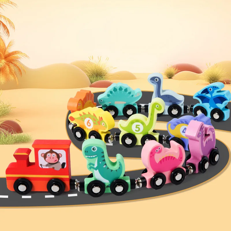 Wooden Building Blocks toys Dinosaur Train Set with Farm Animals Blocks  Stacking Learning Educational Toys Children Gift 5