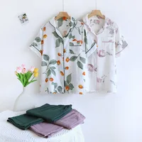 2026 Japanese Summer New Women's Pajama Set Short Sleeve+Long Pants Two piece Set 100%Cotton Thin Cardigan Home Furnishing Fresh