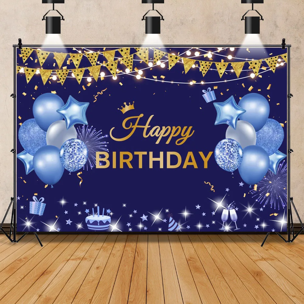 Photo backdrop Photo wallpaper Party decoration covers Vinyl Backdrop Blue Gold Balloon Happy Birthday Party Diamond Dots Poster Baby Kid Banner Background For Photo Studio