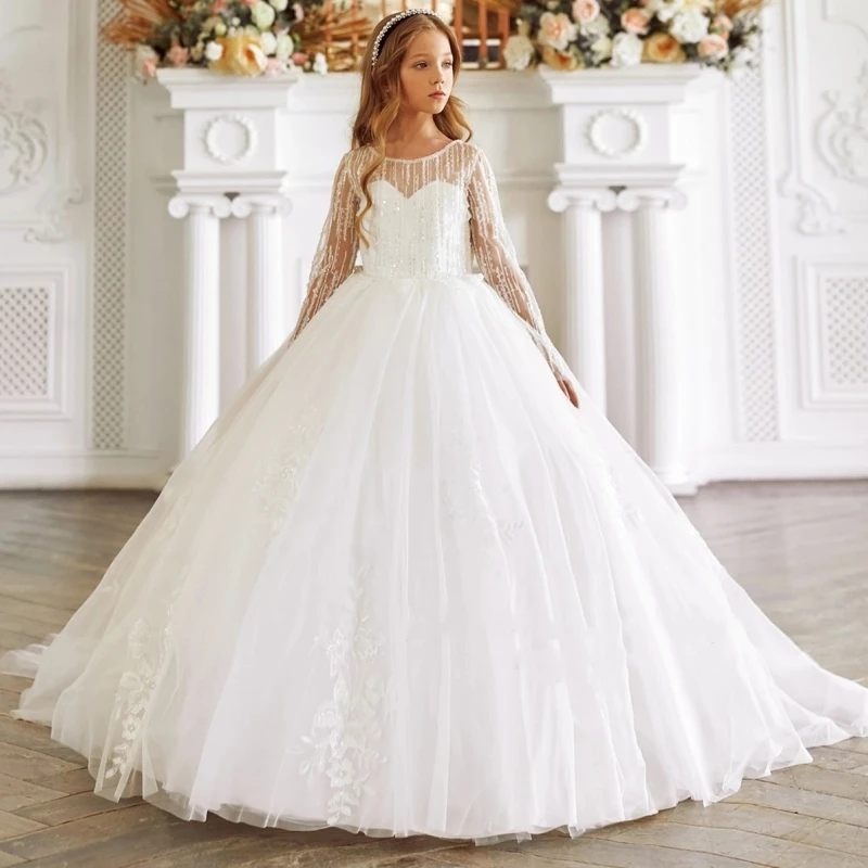 

Flower Girl Dress For Wedding Birthday Party Glitter Lace Tulle Full Sleeves Princess A-line First Communion Dress Gowns