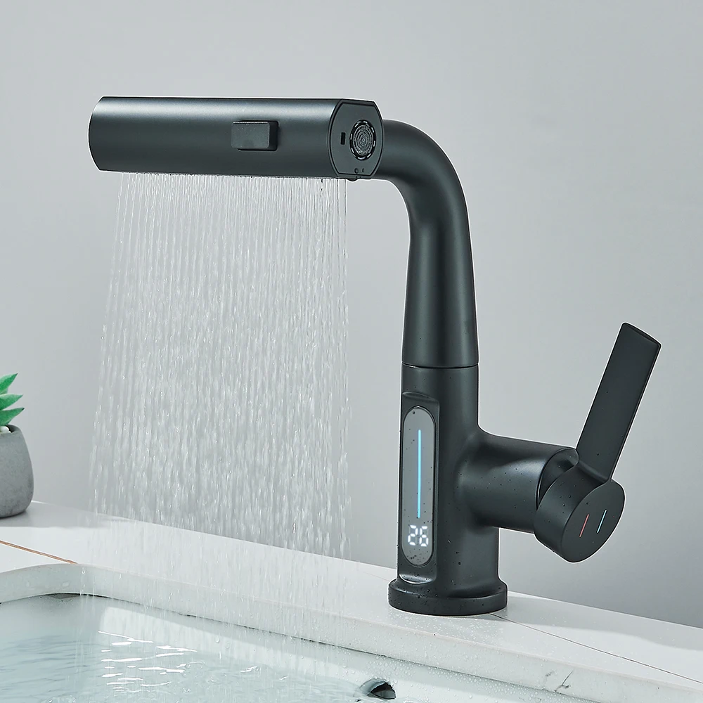 Bathroom Faucet Waterfall Temperature Digital Display Basin Faucet Lift Up Down Stream Sprayer Hot Cold Water Sink Mixer Wash Tap