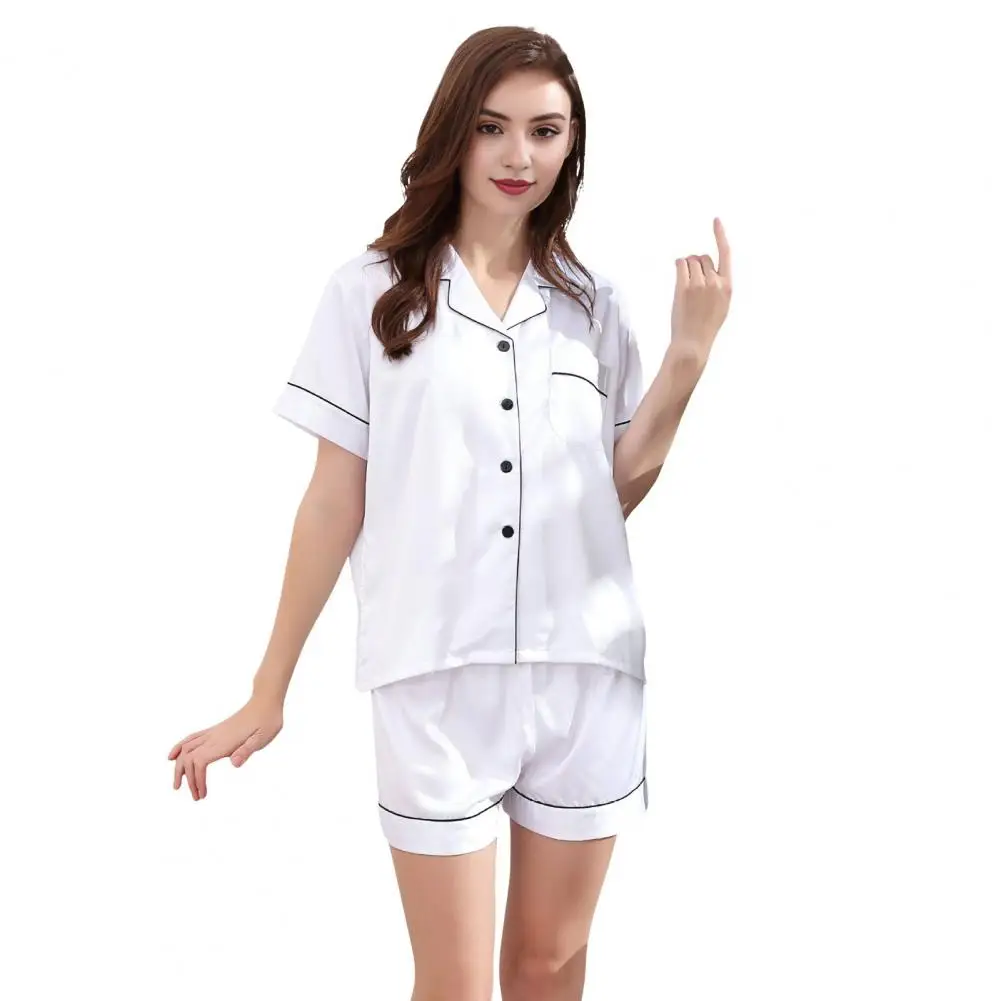 

Simulated Silk Pajama Set Women's Summer Pajamas Set with Turn-down Collar Blouse Elastic Waist Shorts 2 Piece for Ladies