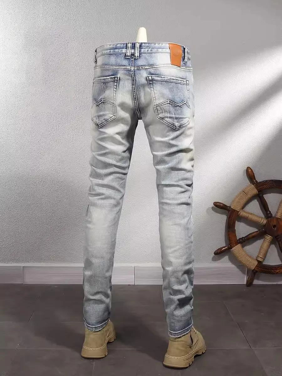 Designer Vintage Men's Jeans High Quality Vintage Light Blue Elastic Slim Fit Split Jeans Men's Spliced Fashion denim Pants
