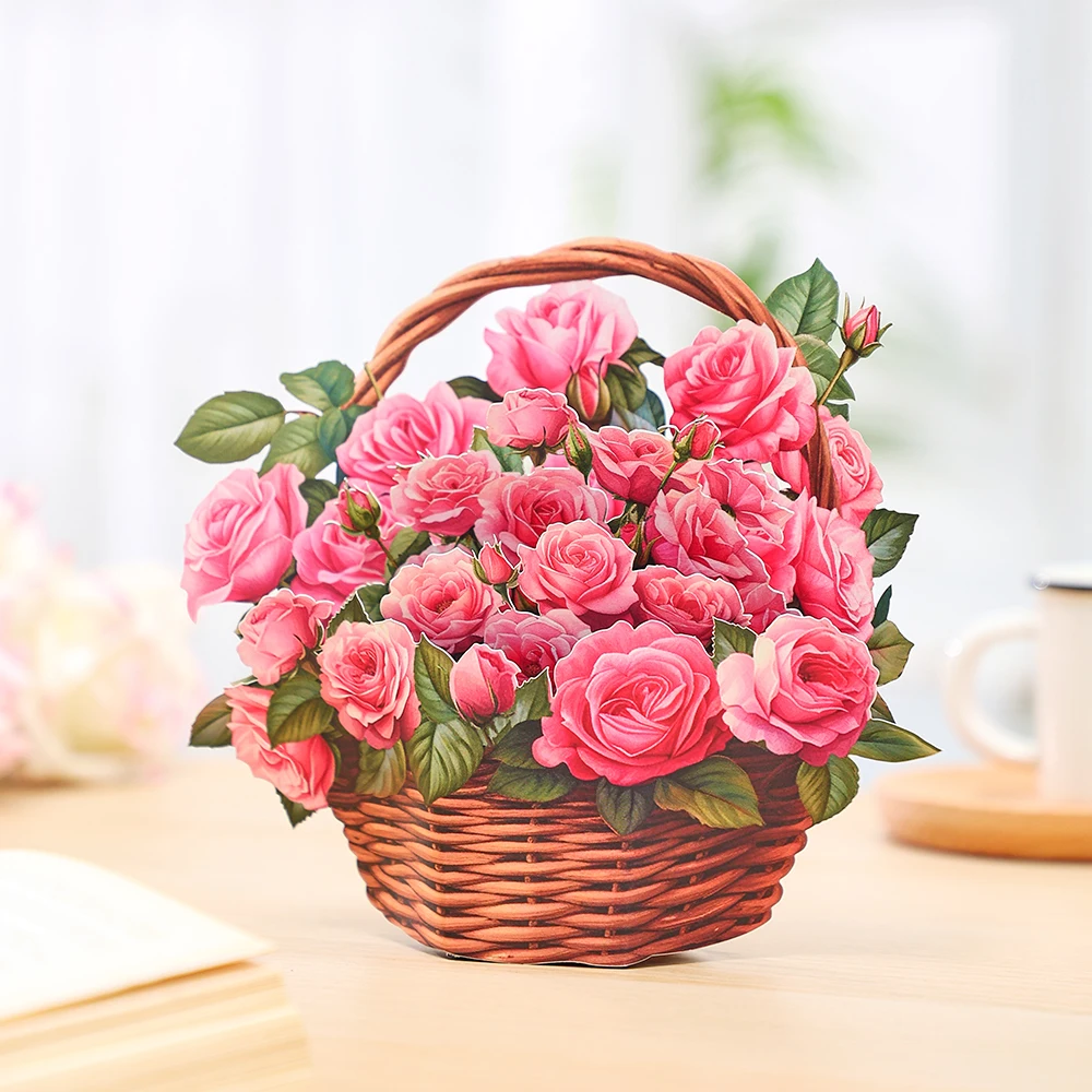 Mothers Day Pink Rose Flower Basket Celebration Creative Home Decor Anniversary Floral Ornaments 3D Pop-up With Envelope