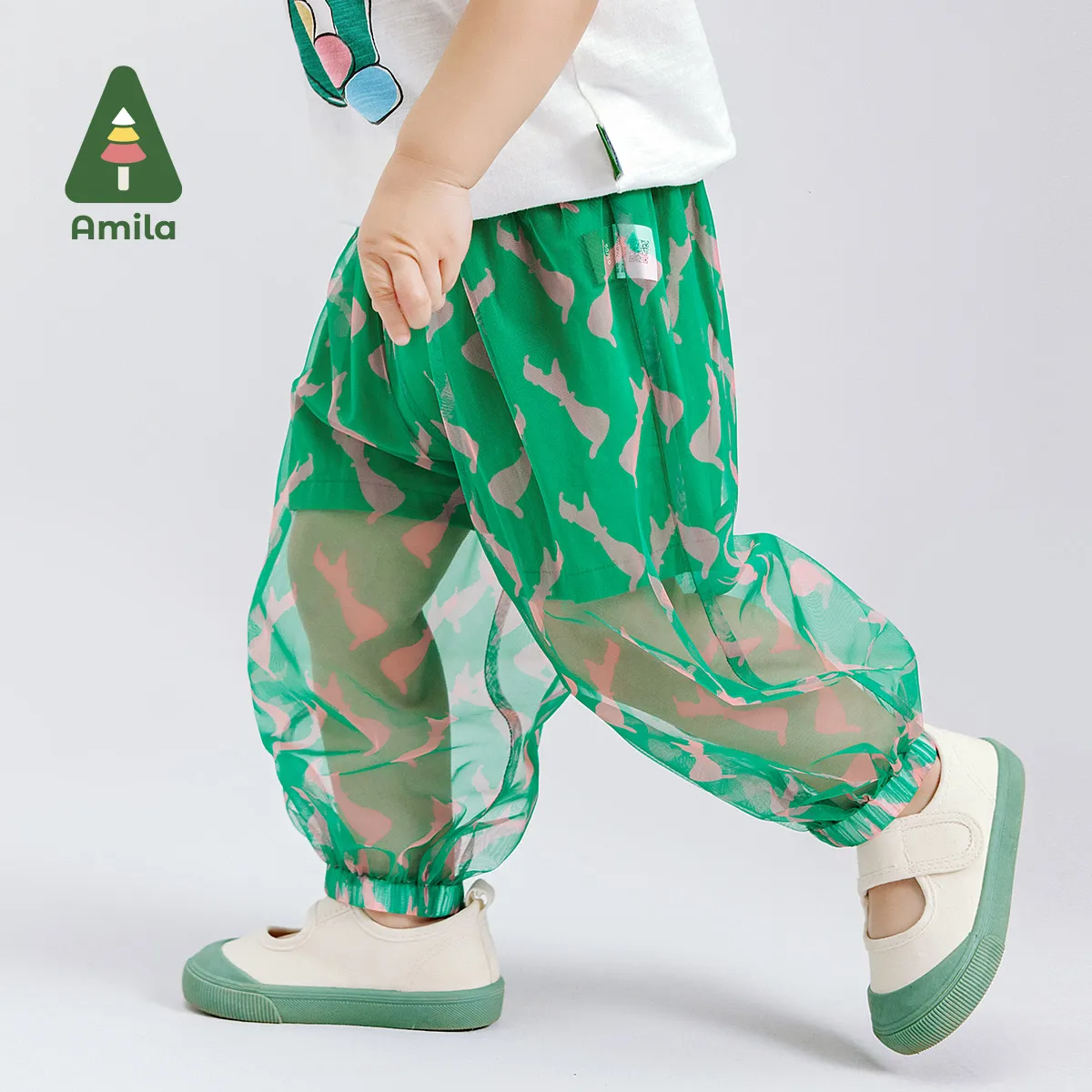 Amila 2024 여아용 밑창, 창의적인 더블 레이어 모기 퇴치 발목 바지, 귀여운 풀 프린트 바지, 여름 신상