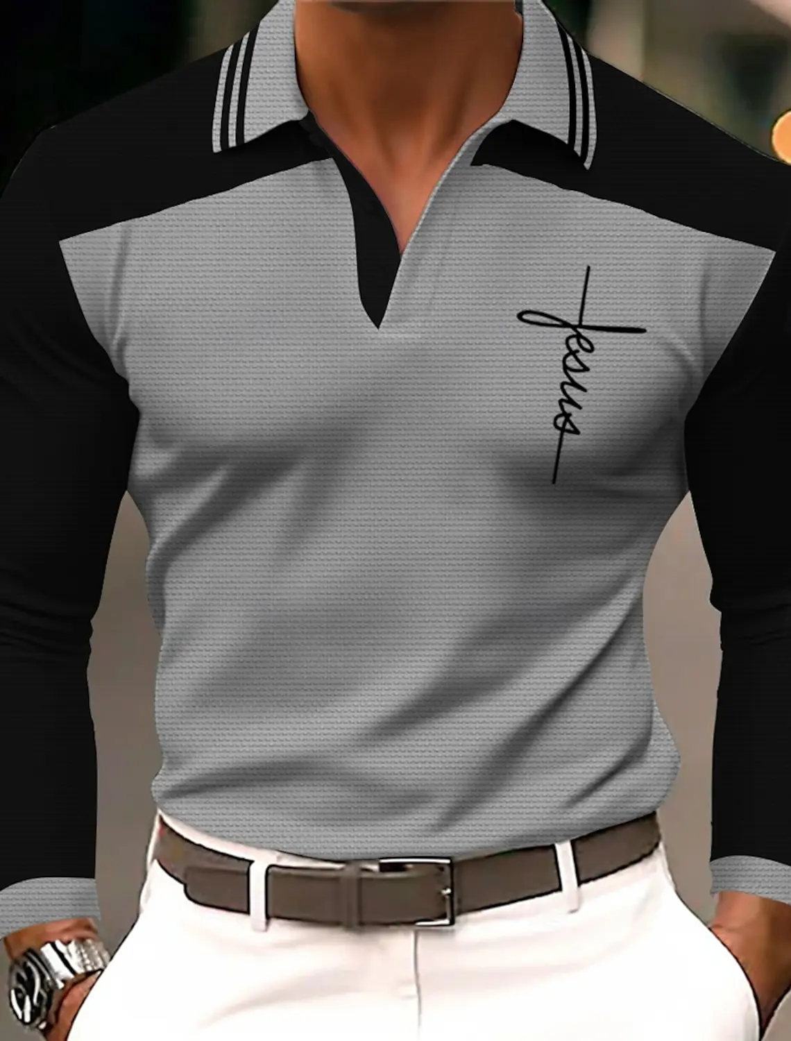Men's 3D Printed Cross Pattern Golf Shirt Long Sleeve Polo Shirt Business Casual