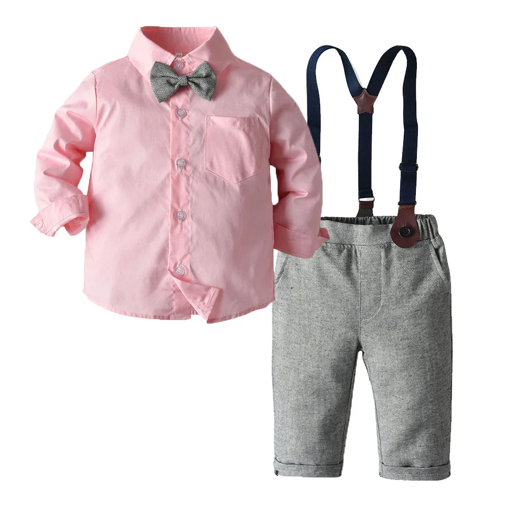 

Children Boys Formal Clothing Set Toddler Boy Gentleman Long Sleeve Pink White Shirt+Suspenders Pants Clothes Outfits