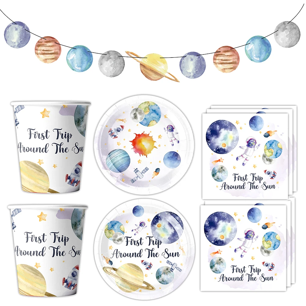 Galaxy Space Party Supplies Erste Reise um den Sonnenplaneten Weltraum-Thema Teller Tasse Servietten Universum Weltraum Geburtstag Party Dekor