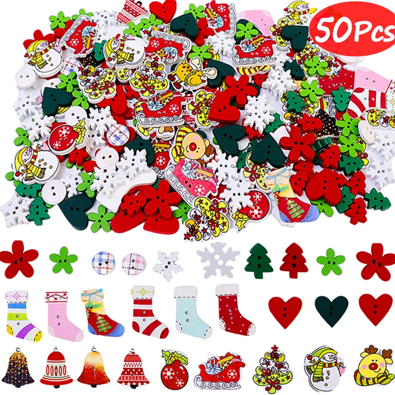 

50 шт. деревянные рождественские пуговицы, снежинки, Рождественская елка, швейные пуговицы для детской одежды, скрапбукинг, рукоделие, новогодний декор