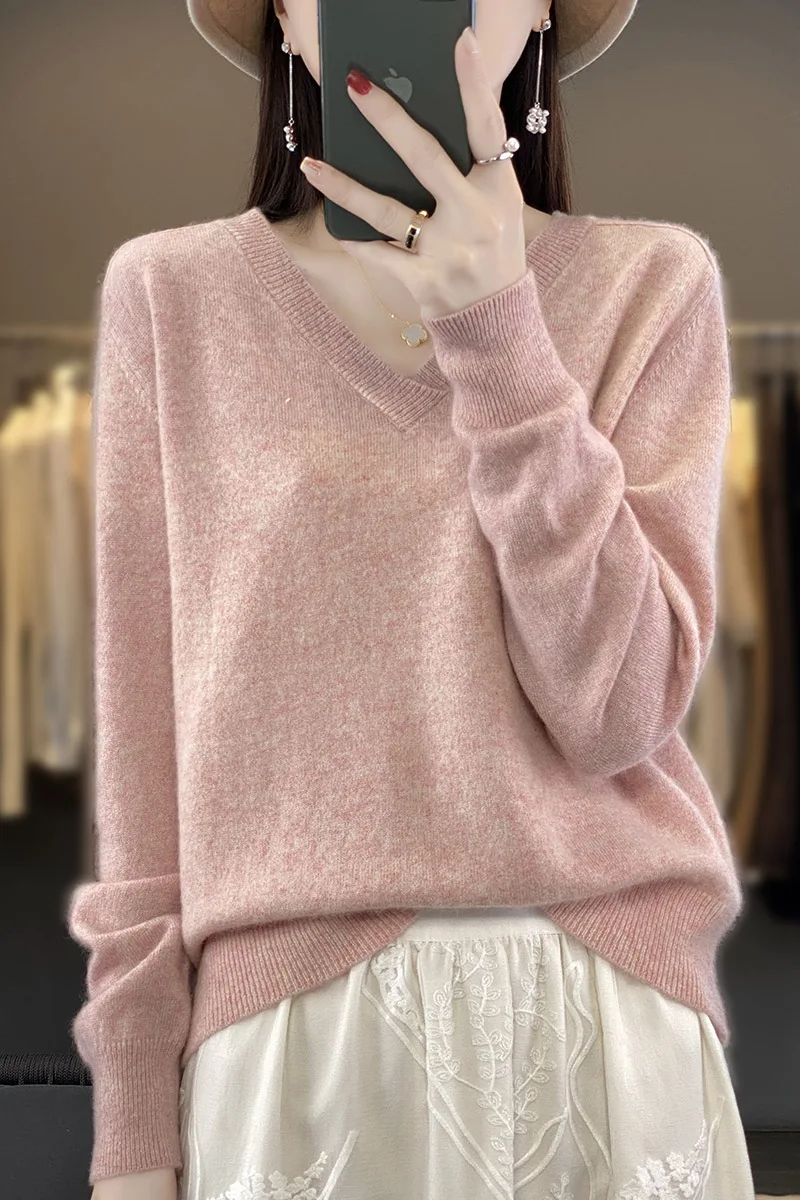 

100% Merino Wool 2023 Autumn And Winter New Women's Clothing Solid Color V-Neck All-Match Sweater Pullover Top