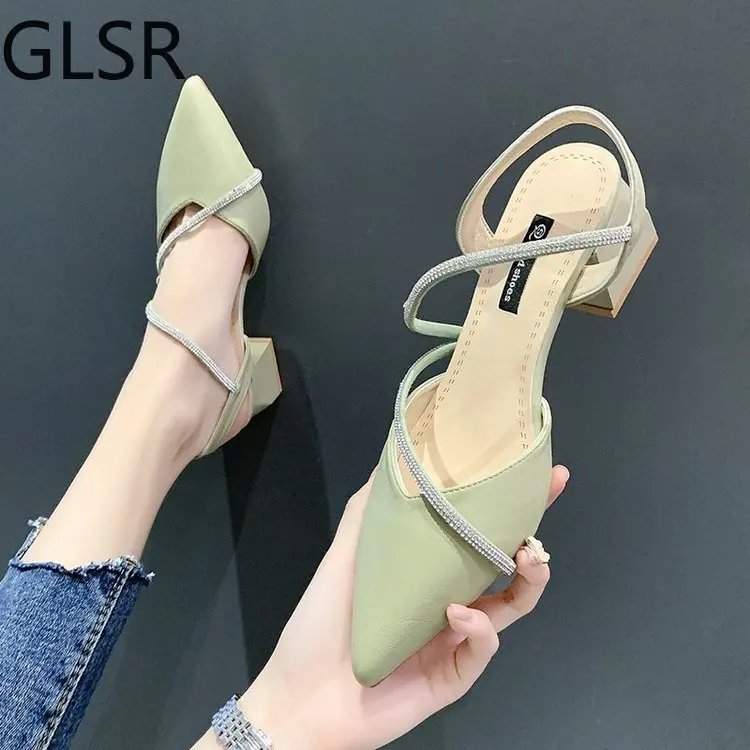 Women High Heels Platform Sandals Summer Shallow Mouth Strappy Pointed Closed All-Match Sandals