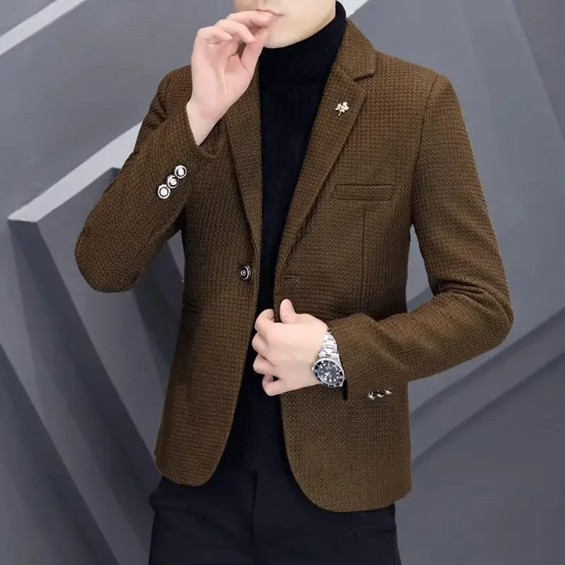Suit Jacket for Men Winter Fashion Handsome Thick Wool Suit for Men Trend Slim-fit Thick Wool Casual mens blazer