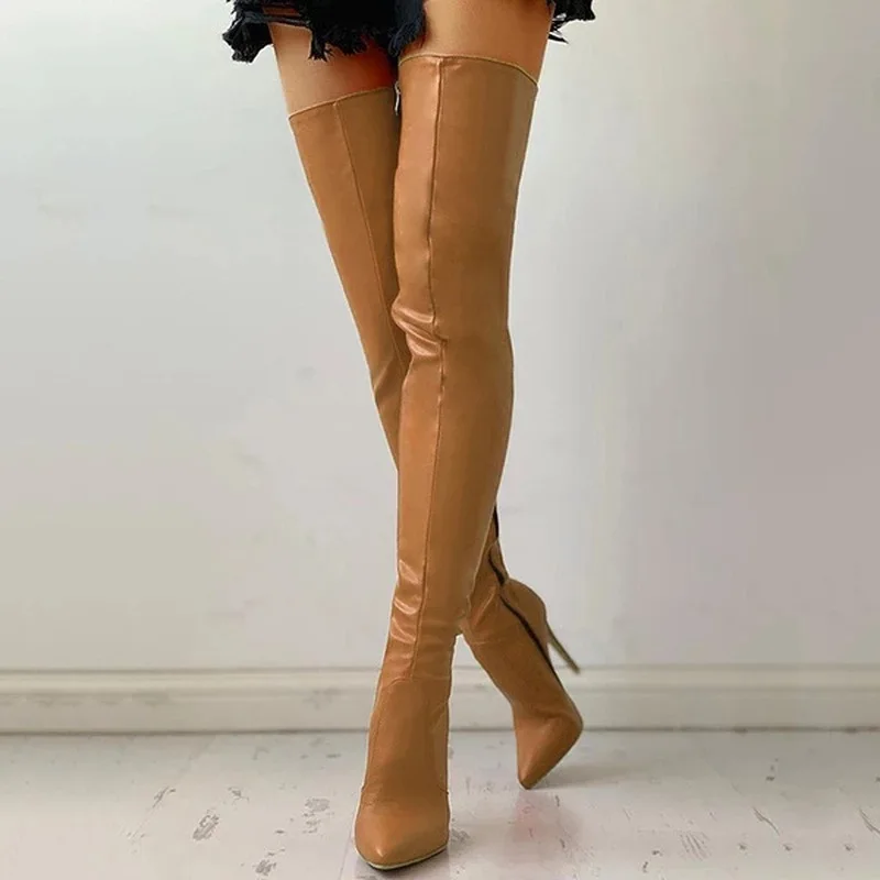Botas Por Encima De La Rodilla Para Mujer – Moda Sin Cordones Con Cremallera Lateral Sólida Punta De Aguja Botas Largas Hasta El Muslo Casuales De Moda Zapatos De Tacón Alto
