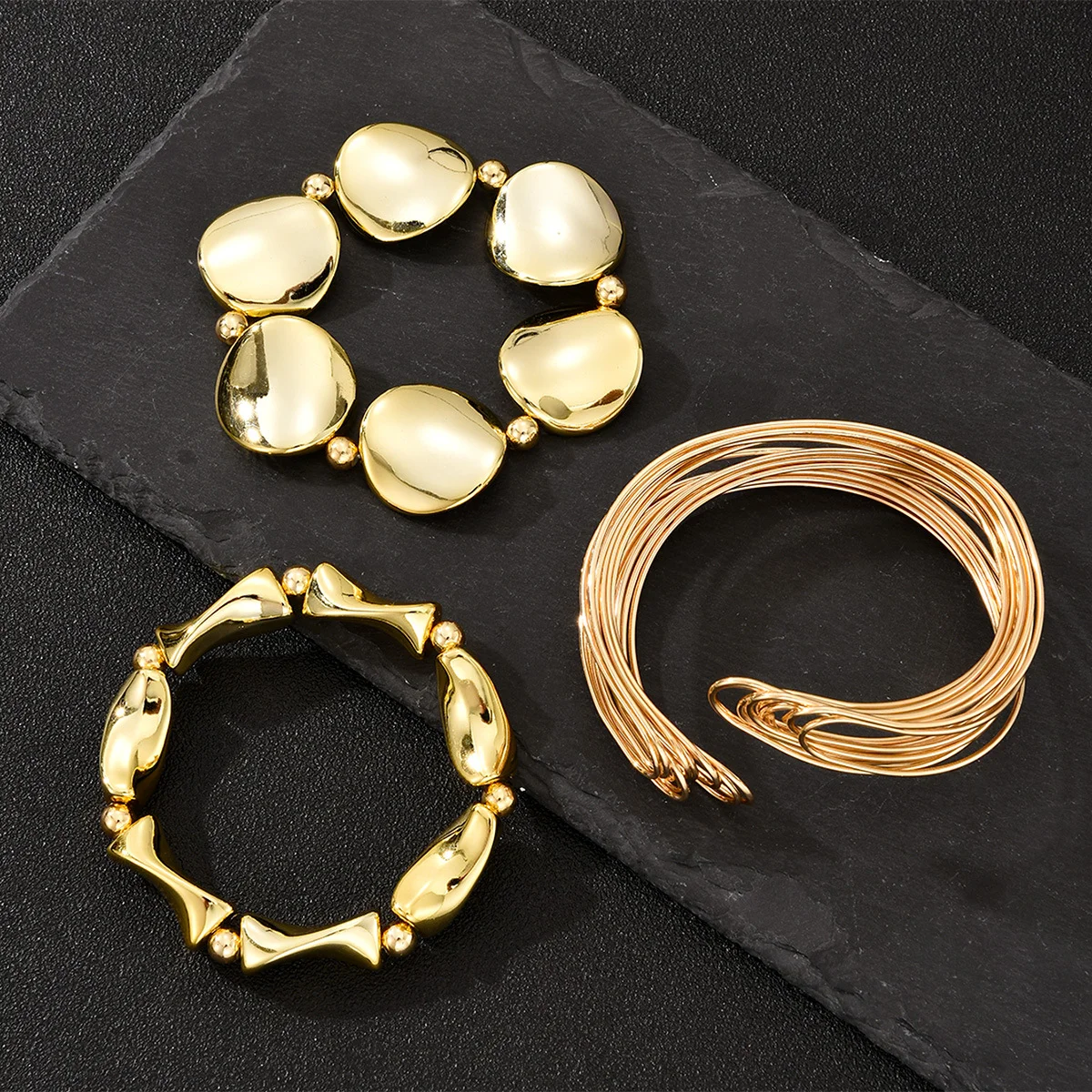 3 Pcs Exaggerated Beaded Bracelet for Women Punk Vintage CCB Gold Color Geometric Opening Cuff Wide Bracelet Jewelry Accessories