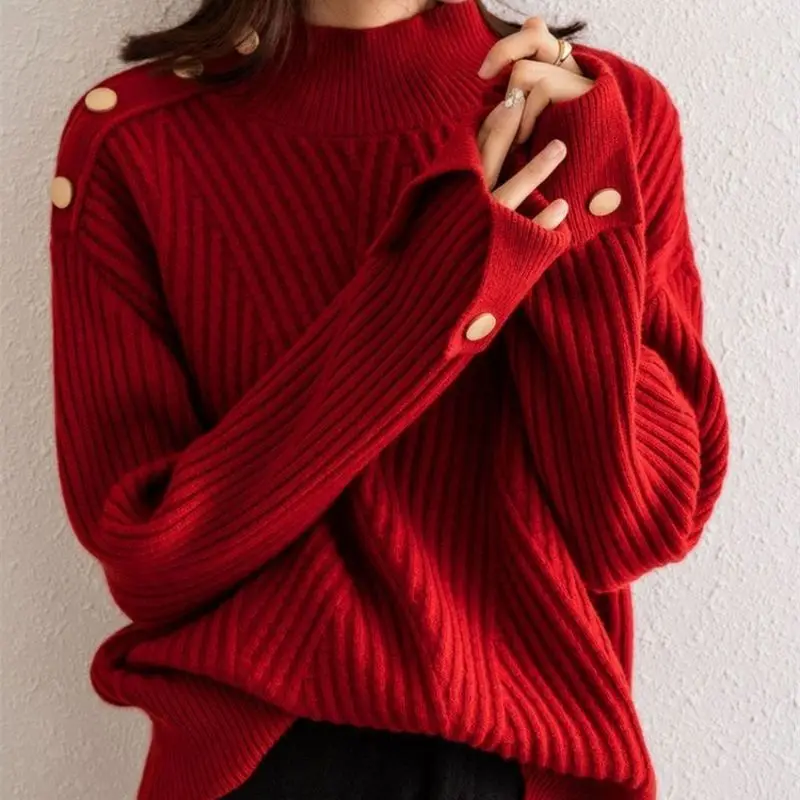

Autumn and winter new languid style semi-turtleneck loose knit pullover bottoms top sweater woman