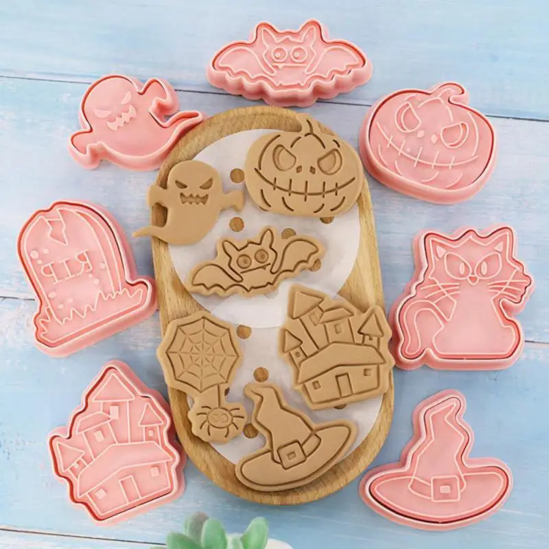 Cookie Cutters Set Cartoon Owl Castle Pumpkin Witch Vampire Skull Pressable Stamp Biscuit Mold Halloween Decoration