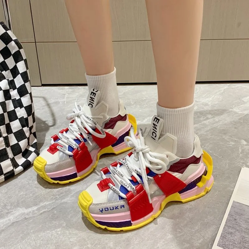 

Women's Shoes 2023 New Color Matching Design Thick Bottom Breathable Rainbow Contrast Color Heightening Casual Women Sneakers