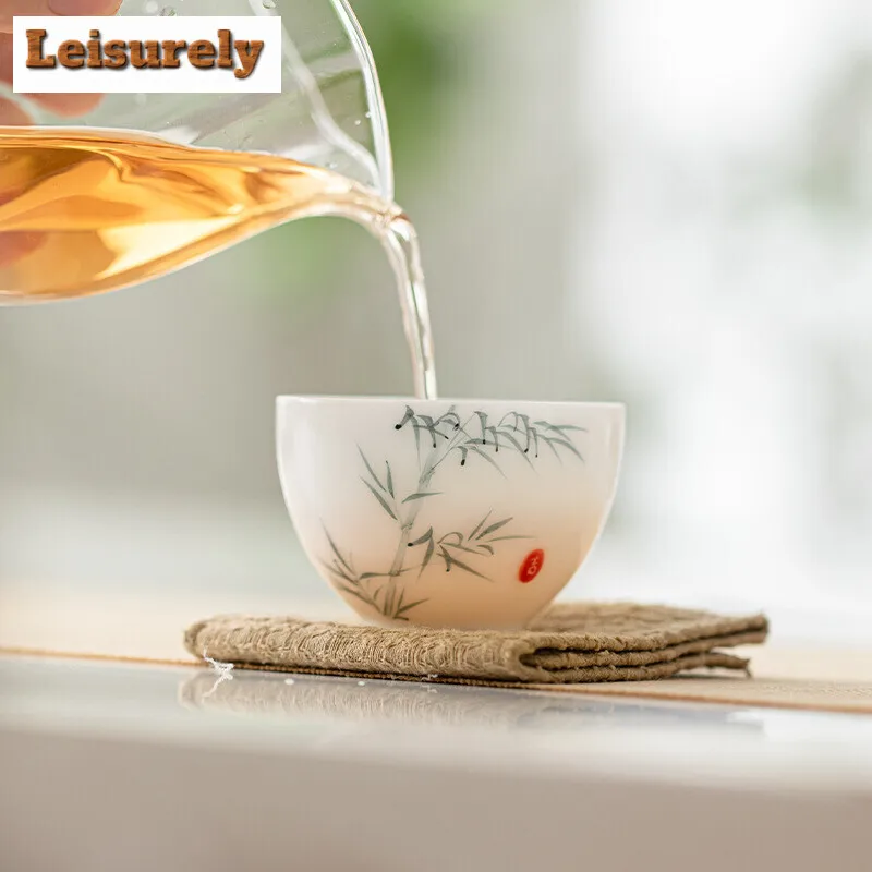 70ml Handmade Iced Jade Porcelain Teacup Hand Painted Bamboo Tea Cup Small Tasting Master Cup Tea Mug Kung Fu Teaset Drinkware