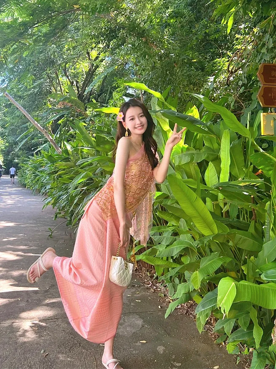 2024 Thai traditional asian photography dance performance thailand costume travel dress vintage thai clothing sexy dress set pink maternity dresses photoshoot sexy deep v neck pregnant photography session dress for women s pregnancy tulle baby maxi gown