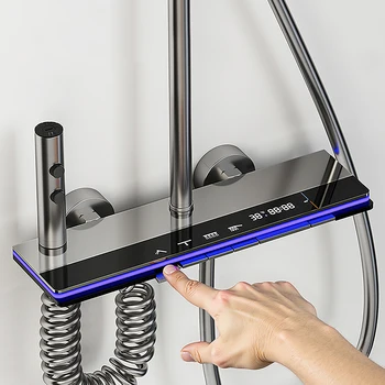 Set di sistemi doccia intelligenti per bagno Set di rubinetti per doccia a pioggia con display digitale a pioggia per vasca da bagno con lampada per atmosfera Chiave per pianoforte rubinetto bagno caldo e freddo Set co 1