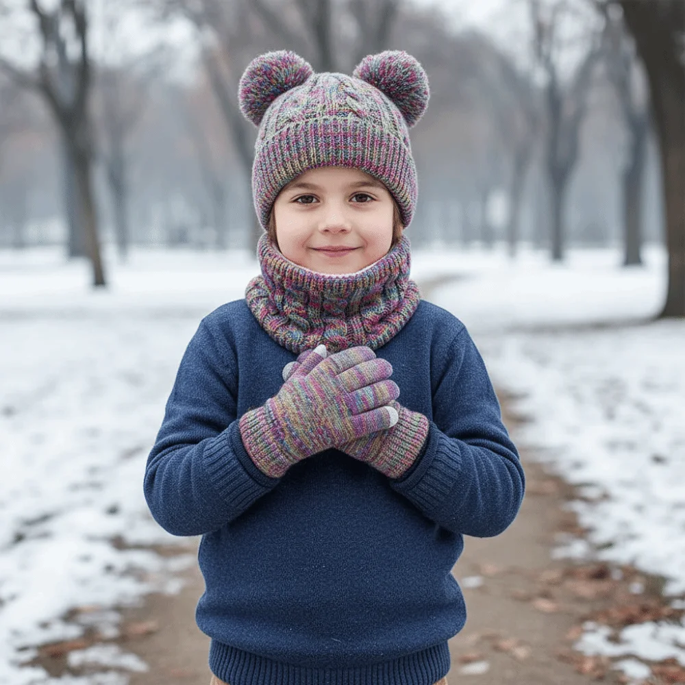 Cute Pompom Baby Hat Scarf Gloves Set Warm Ears Thickened Toddler Knitted Hats with Velvet Multicolor Hat Set Autumn Winter