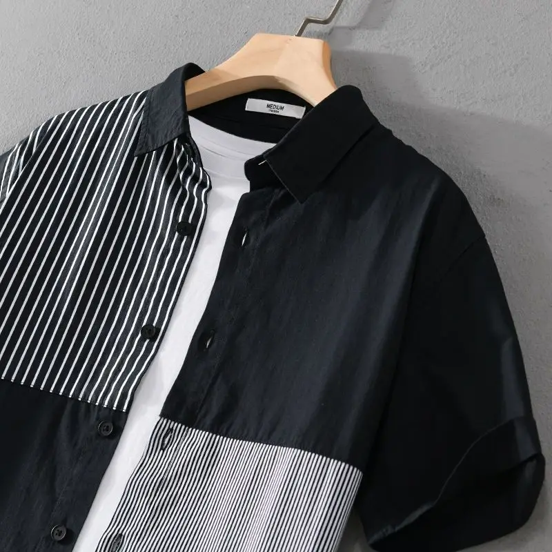2024 Summer Men's New Short Sleeved Trendy Casual Shirt Loose Contrast Stripe Splicing Comfortable and Versatile Shirt Outwear