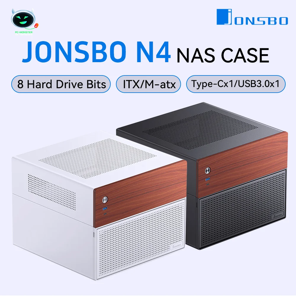 PC Case Computer Chassis Frame PC Chassis JONSBO N4 NAS Chassis M-ATX Motherboard SFX Power Slot 6 Large 2 Small Hard Drive Slots 120mmx1Fan Walnut Decorative Panel