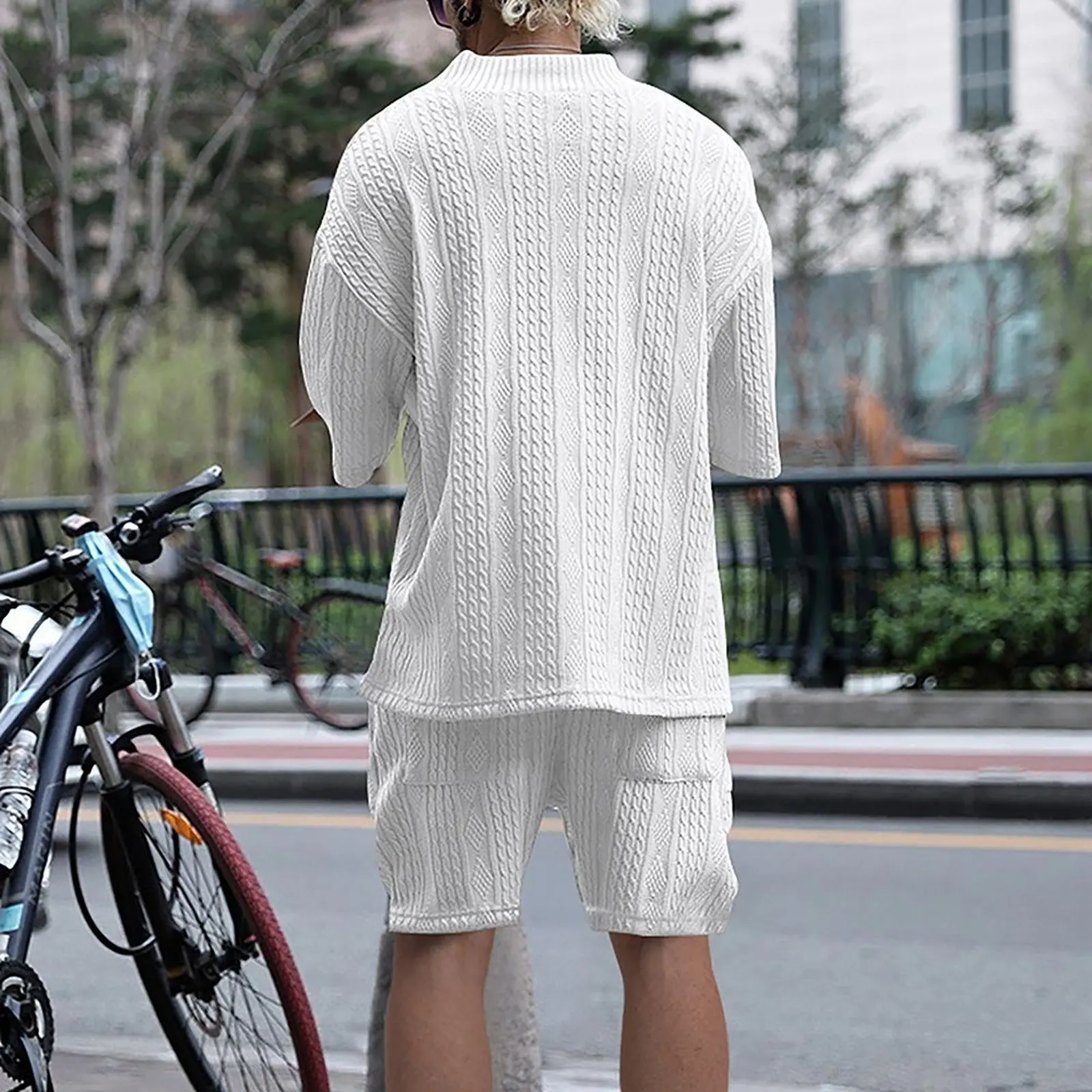 2024 Summer Casual Shorts Set Knitted Two Piece Men's Clothing V-Neck Short Sleeve T-shirt and Shorts Streetwear Knit Outfits 2