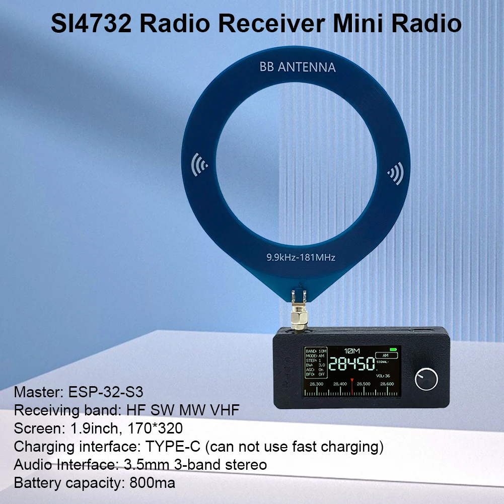 Radio Receiver SI4732 0.5-108mhz Portable Radio 1.9inch IPS Screen FM/AM HF SW MW VHF