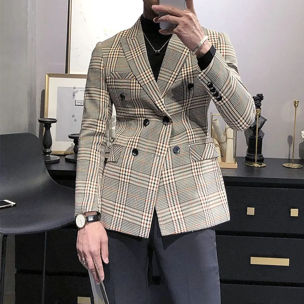 

Trend double breasted small suit British coat Korean version slim plaid suit net red retro top