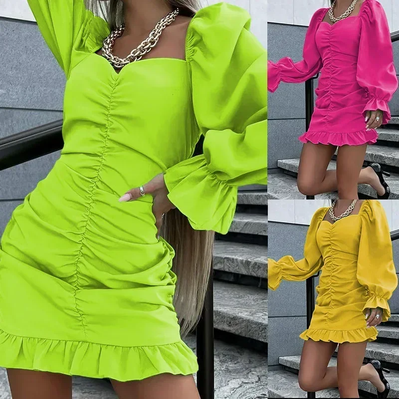 

2022 Autumn Women's New Solid Color Fashion Sexy Square Collar Long Sleeve Wrap Hip Dress