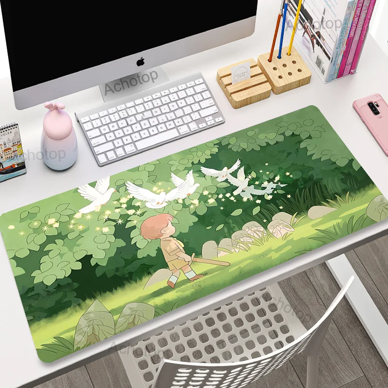 Laptop Mousepad Cute Kawaii Anime Green Plant Deskmat Xxl Extend Gaming Desk Mat Large Mouse Pad Gamer Tastiera Mouse Tappeti
