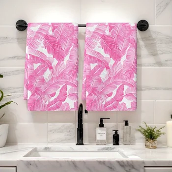 2PCS Soft Absorbent Kitchen Towels – Pink Banana Leaf Tropical Print 1