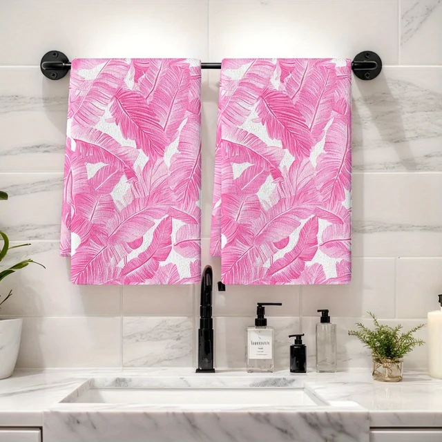 2PCS Soft Absorbent Kitchen Towels – Pink Banana Leaf Tropical Print 1