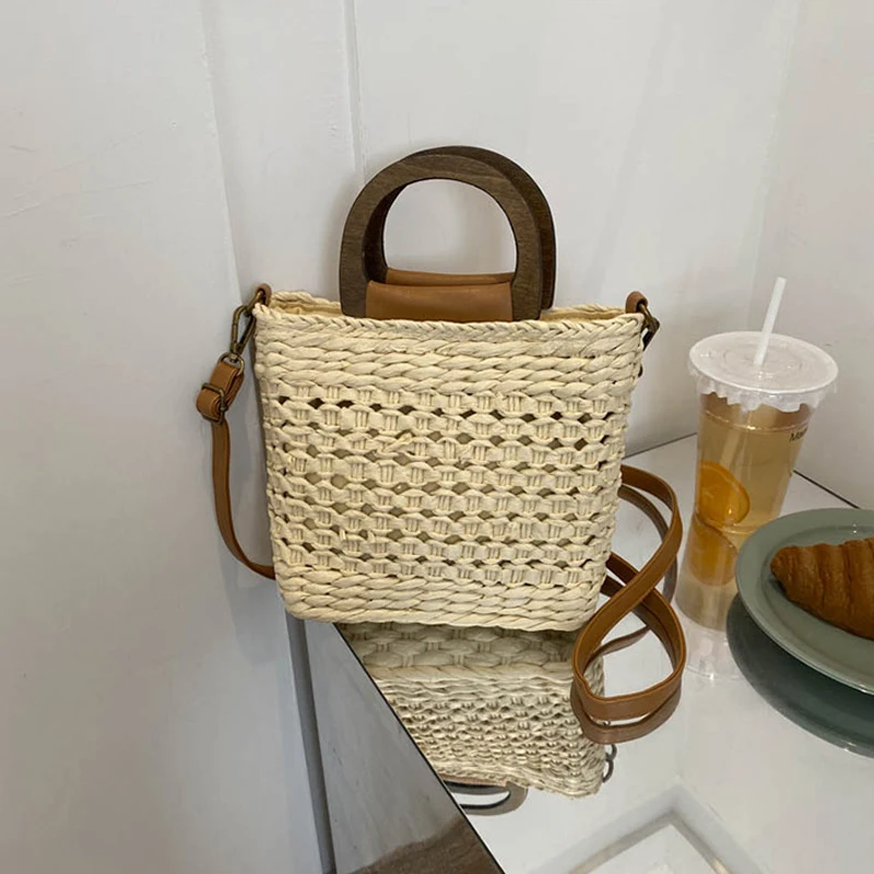 Bohemian Summer Straw Beach Bag Women's Casual Large Capacity Crossbody Handmade Lady Purse with Handle