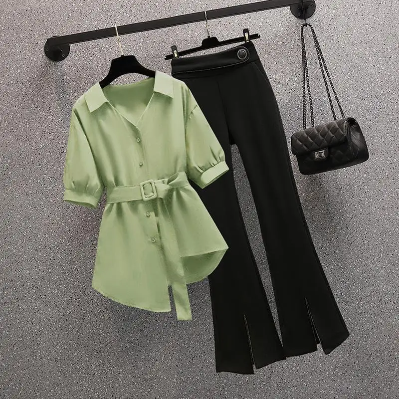 

2023 New Summer Elegant Women's Pants Set Personalized Chiffon Shirt Top Black Trousers Two Piece Set Female Tracksuit